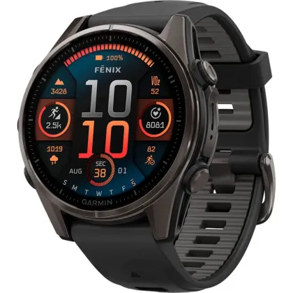 Garmin Fenix 8 43mm AMOLED Sapphire Carbon Gray DLC Titanium with Black/Pebble Gray Silicone Band