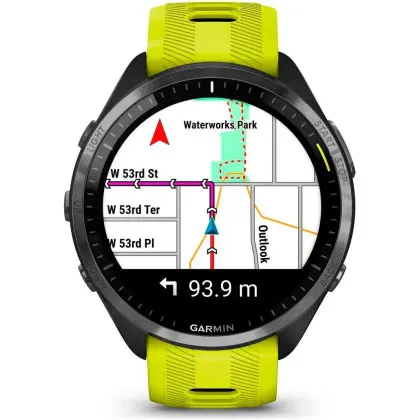 Garmin Forerunner 965 Carbon Gray DLC Titanium Bezel with Black Case and Amp Yellow/Black Silicone Band