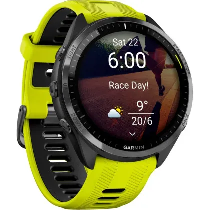 Garmin Forerunner 965 Carbon Gray DLC Titanium Bezel with Black Case and Amp Yellow/Black Silicone Band