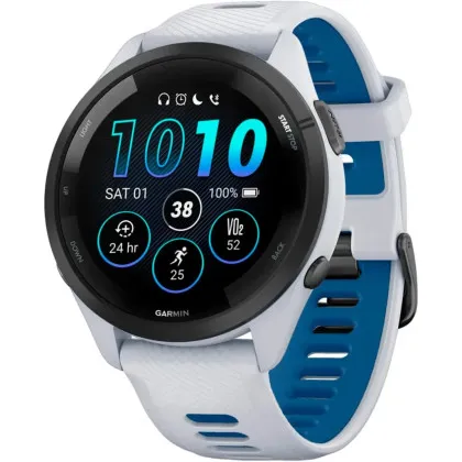 Garmin Forerunner 265 Black Bezel with Whitestone Case and Whitestone/Tidal Blue Silicone Band