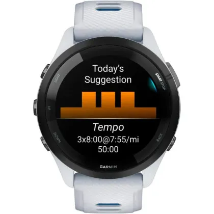 Garmin Forerunner 265 Black Bezel with Whitestone Case and Whitestone/Tidal Blue Silicone Band