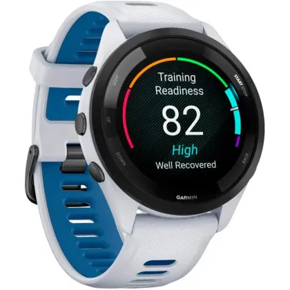 Garmin Forerunner 265 Black Bezel with Whitestone Case and Whitestone/Tidal Blue Silicone Band