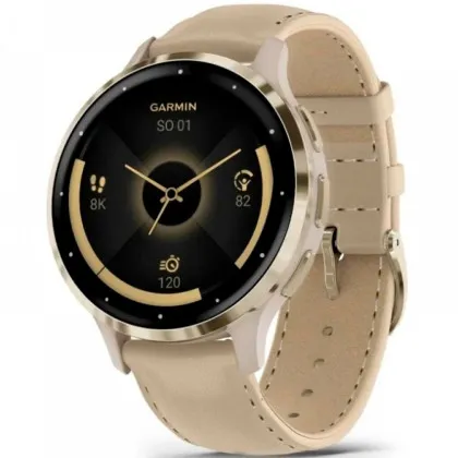 Garmin Venu 3S Soft Gold Stainless Steel Bezel with French Gray Case and Leather Band