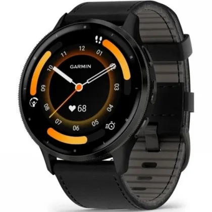 Garmin Venu 3 Slate Stainless Steel Bezel with Black Case and Black Leather Band