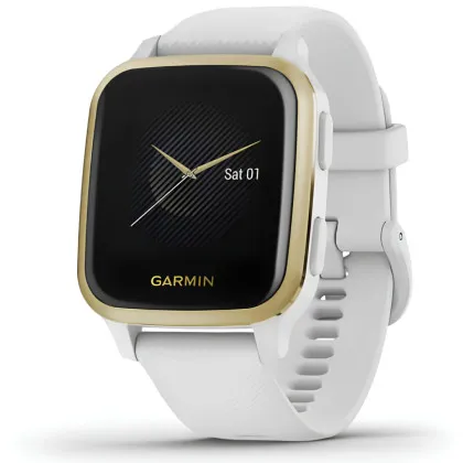 Garmin Venu Sq Light Gold Aluminum Bezel with White Case and Silicone Band