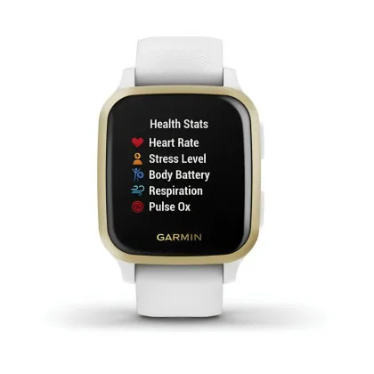 Garmin Venu Sq Light Gold Aluminum Bezel with White Case and Silicone Band